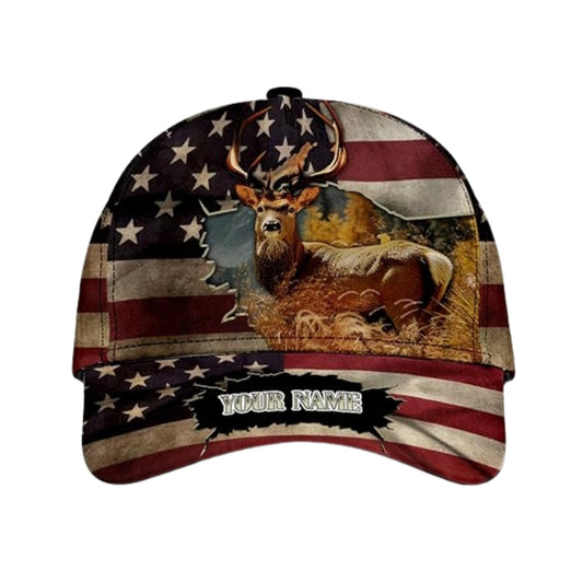 Custom American Flag Deer Hunting Baseball Cap, Custom Patriotic Deer Hunting 3D Printed Caps CP0232