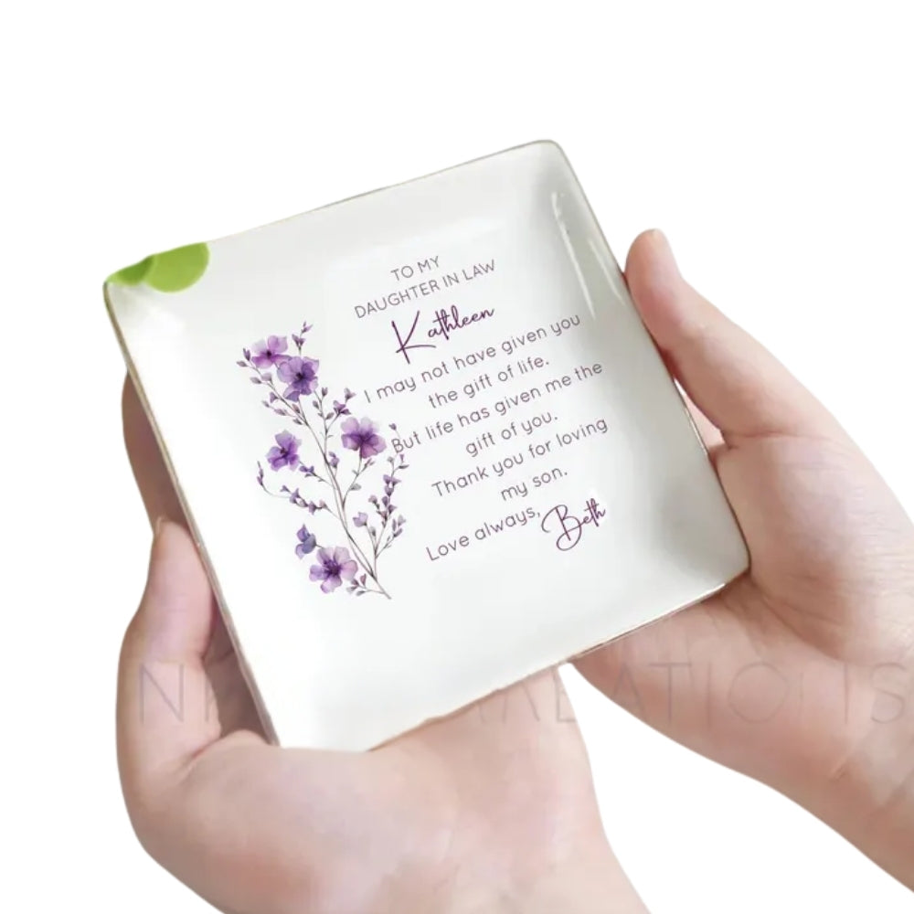 To My Daughter In Law Personalized Flower Ring Dish, Personalized Wedding Jewelry Dish For Daughter In Law WD0157
