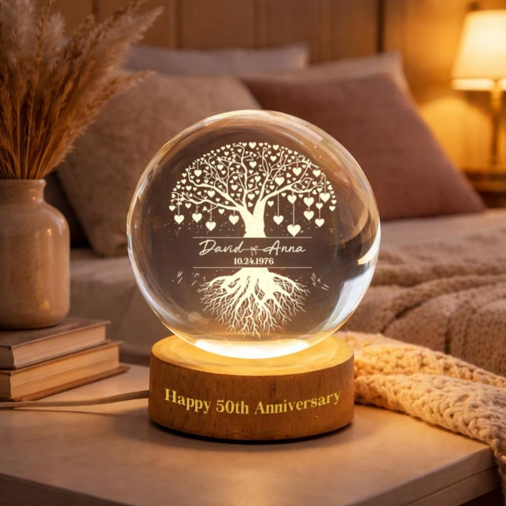 Tree Of Love Custom 50th Wedding Anniversarty Crystal Ball Led Night Light, Custom Golden Wedding Keepsake Night Light WD0941