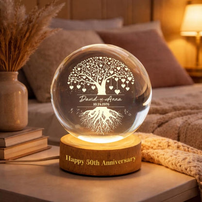 Tree Of Love Custom 50th Wedding Anniversarty Crystal Ball Led Night Light, Custom Golden Wedding Keepsake Night Light WD0941