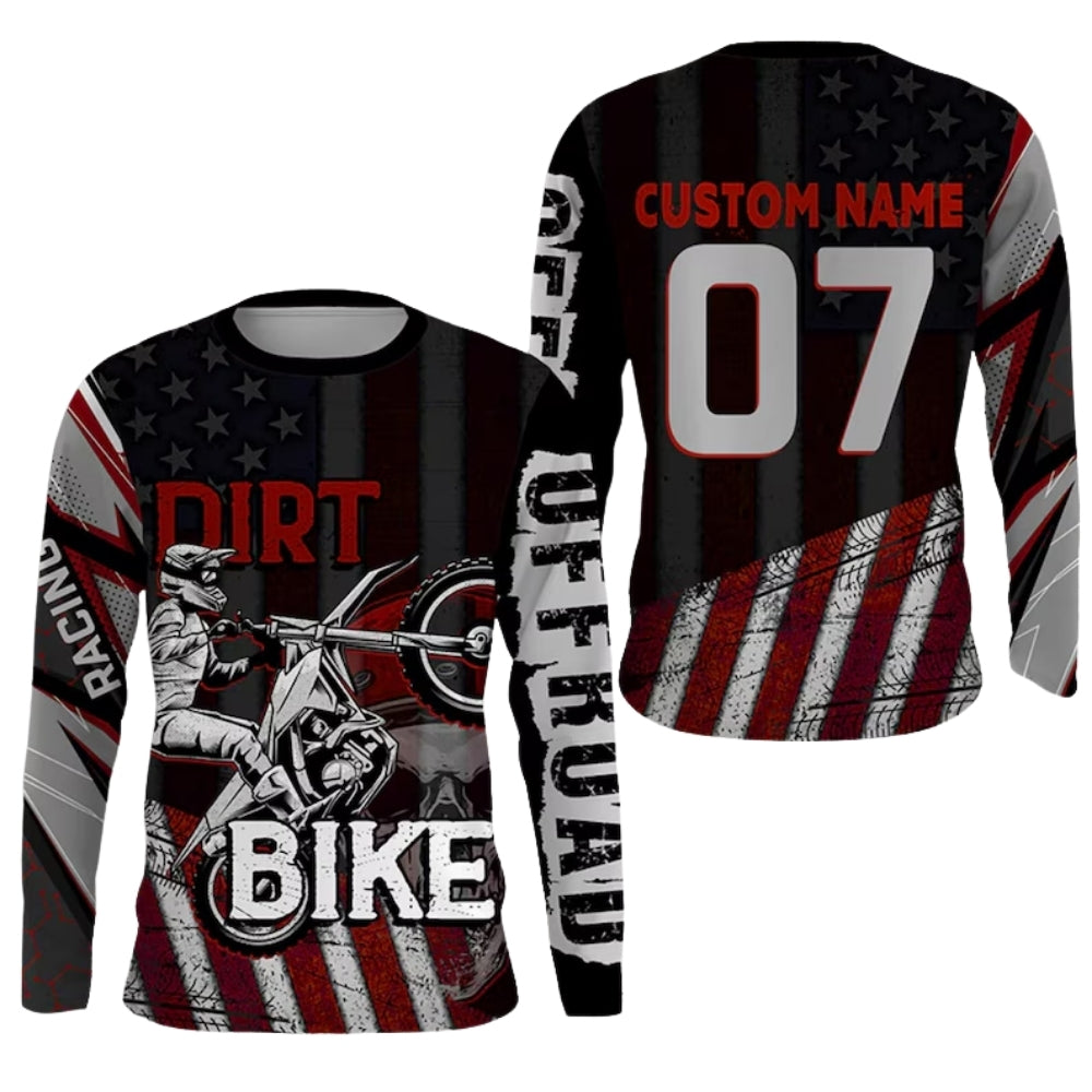 Custom American Flag Men's Long Sleeve Dirt Bike Jersey Shirts, Custom Patriotic Dirt Bike Racing Shirts ME0045