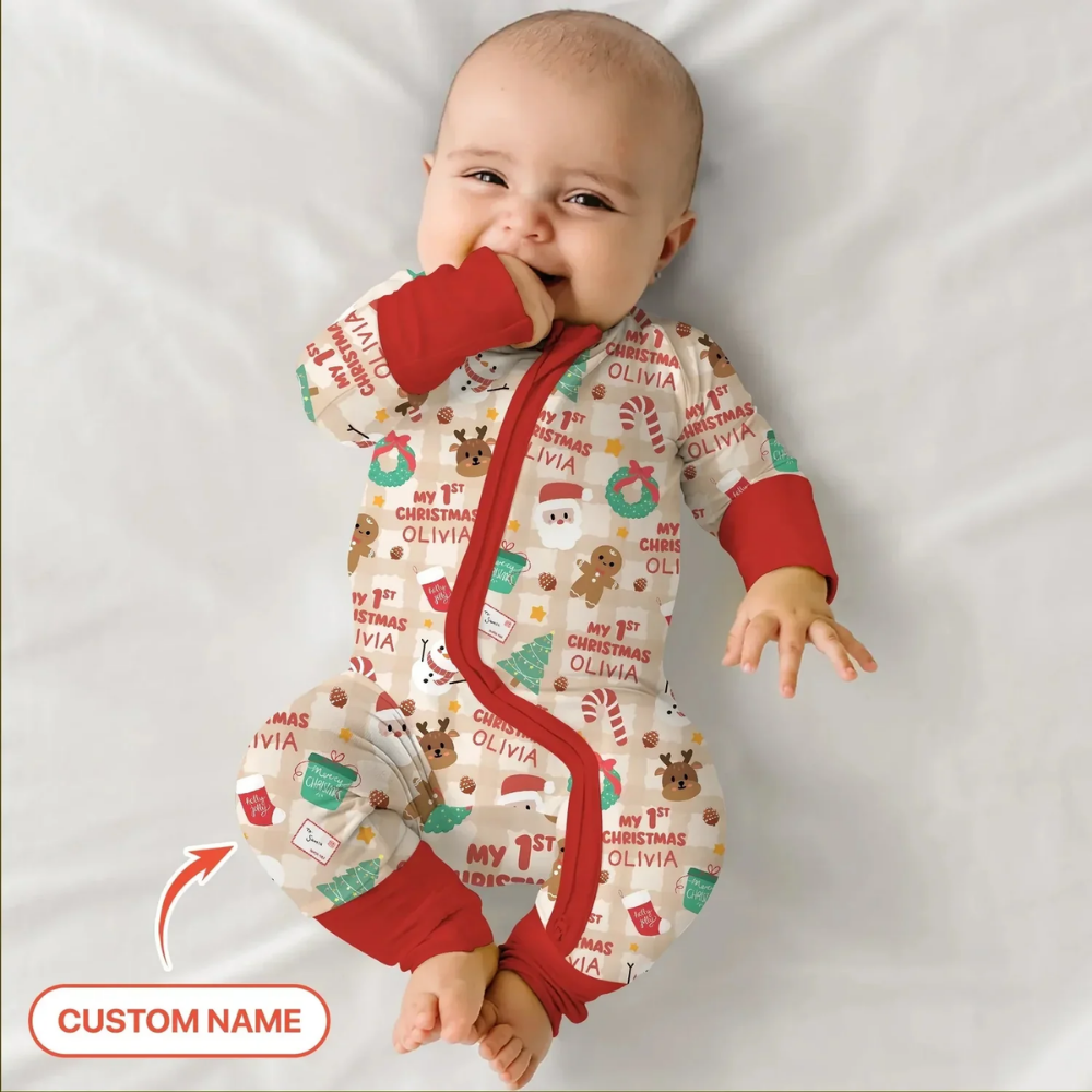 Personalized My First Christmas Baby Convertible Romper Zipper, Custom Christmas Convertible Romper For Baby BB0725
