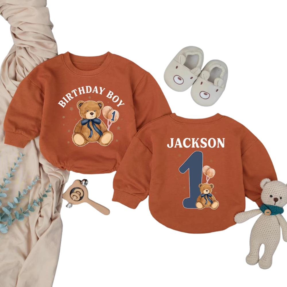 Personalized Beary 1st Birthday Boy Romper Sweatshirt, Custom Teddy Bear First Birthday Baby Boy Romper Sweatshirt BB0262