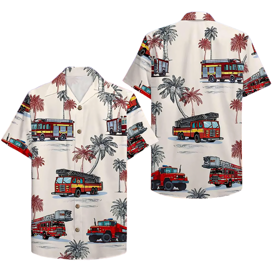 Tropical Firefighter Hawaiian Shirt For Men, Fire Truck Hawaiian Shirts For Fighter HE0295