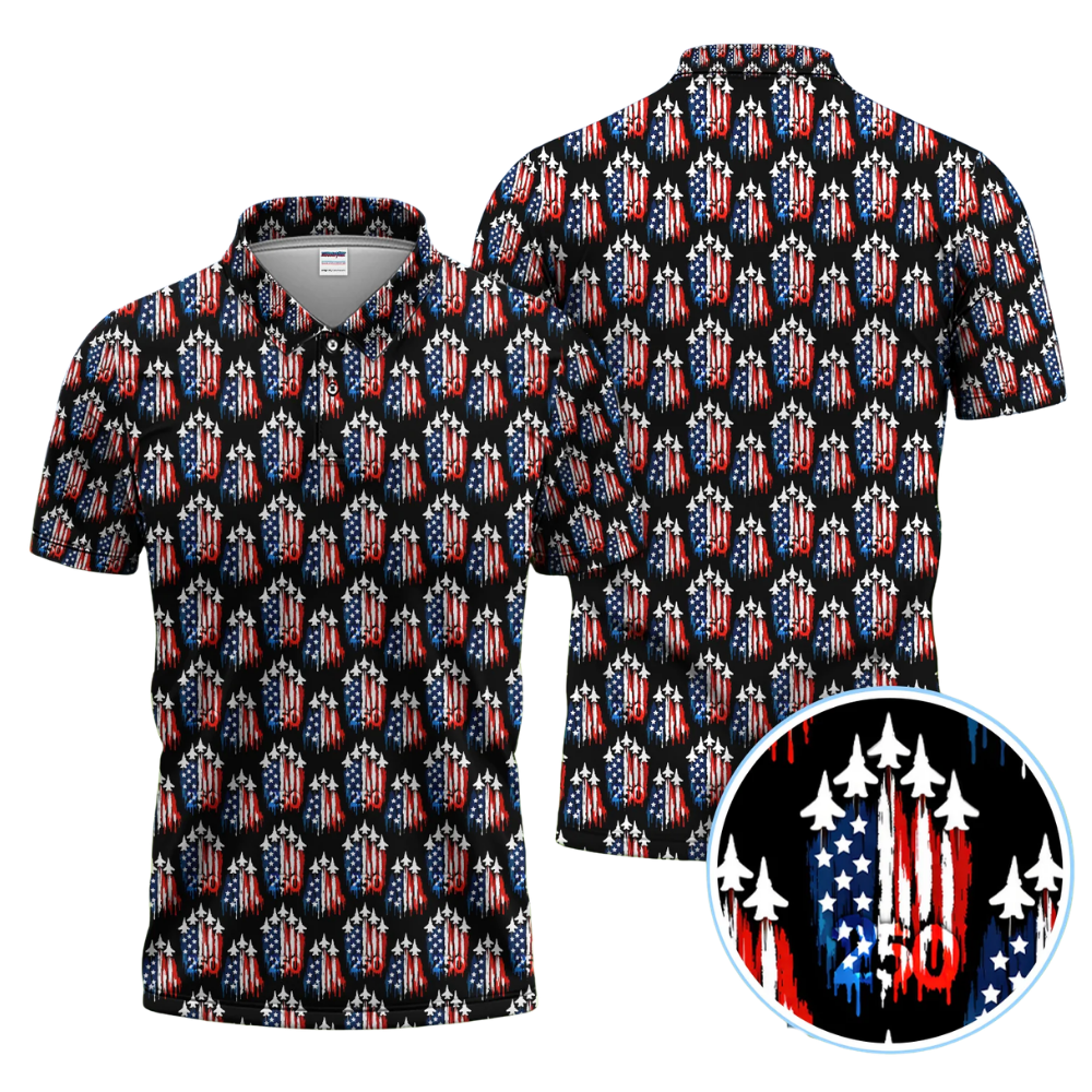 Men's Jet 250 American Flag Golf Polo Shirt, Airplane Golf Shirts Fourth Of July GZ0304