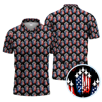 Men's Jet 250 American Flag Golf Polo Shirt, Airplane Golf Shirts Fourth Of July GZ0304