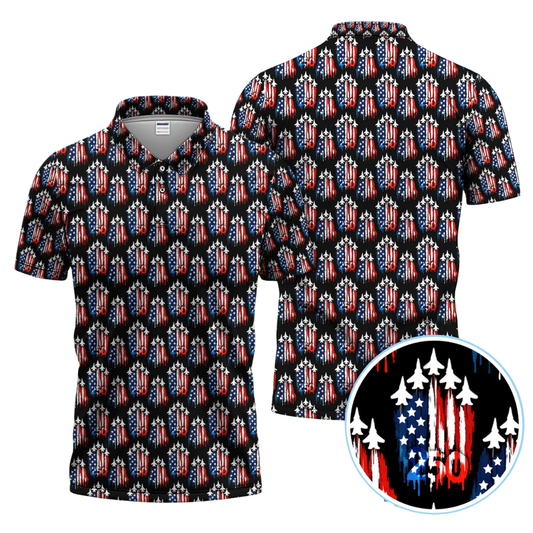 Men's Jet 250 American Flag Golf Polo Shirt, Airplane Golf Shirts Fourth Of July GZ0304