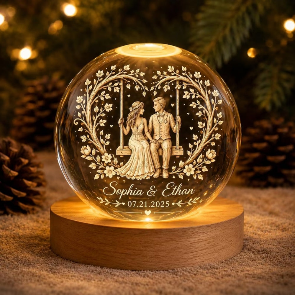 Personalized Couple Name Wedding Crystal Ball Led Night Light, Custom Wedding Keepsake Night Light WD0988