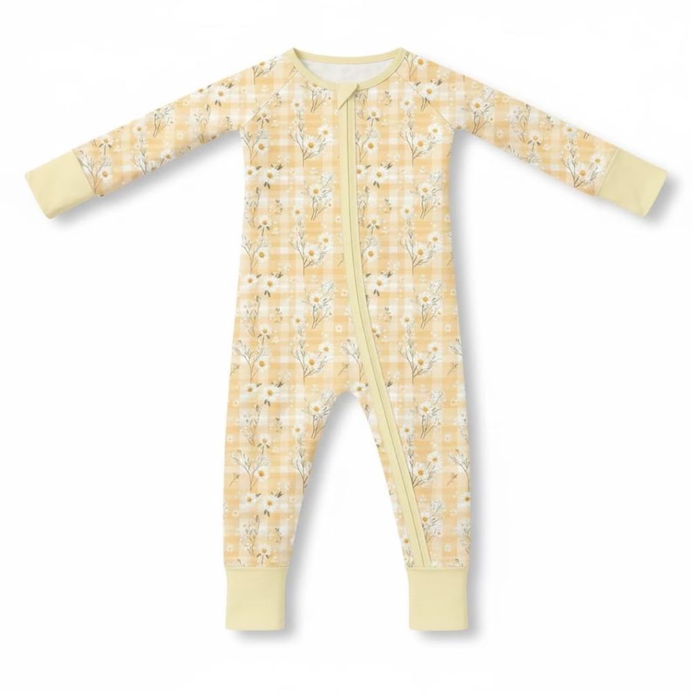 Daisy Flower Yellow Baby Romper Convertible Zipper, Floral Baby Convertible Romper BB0349