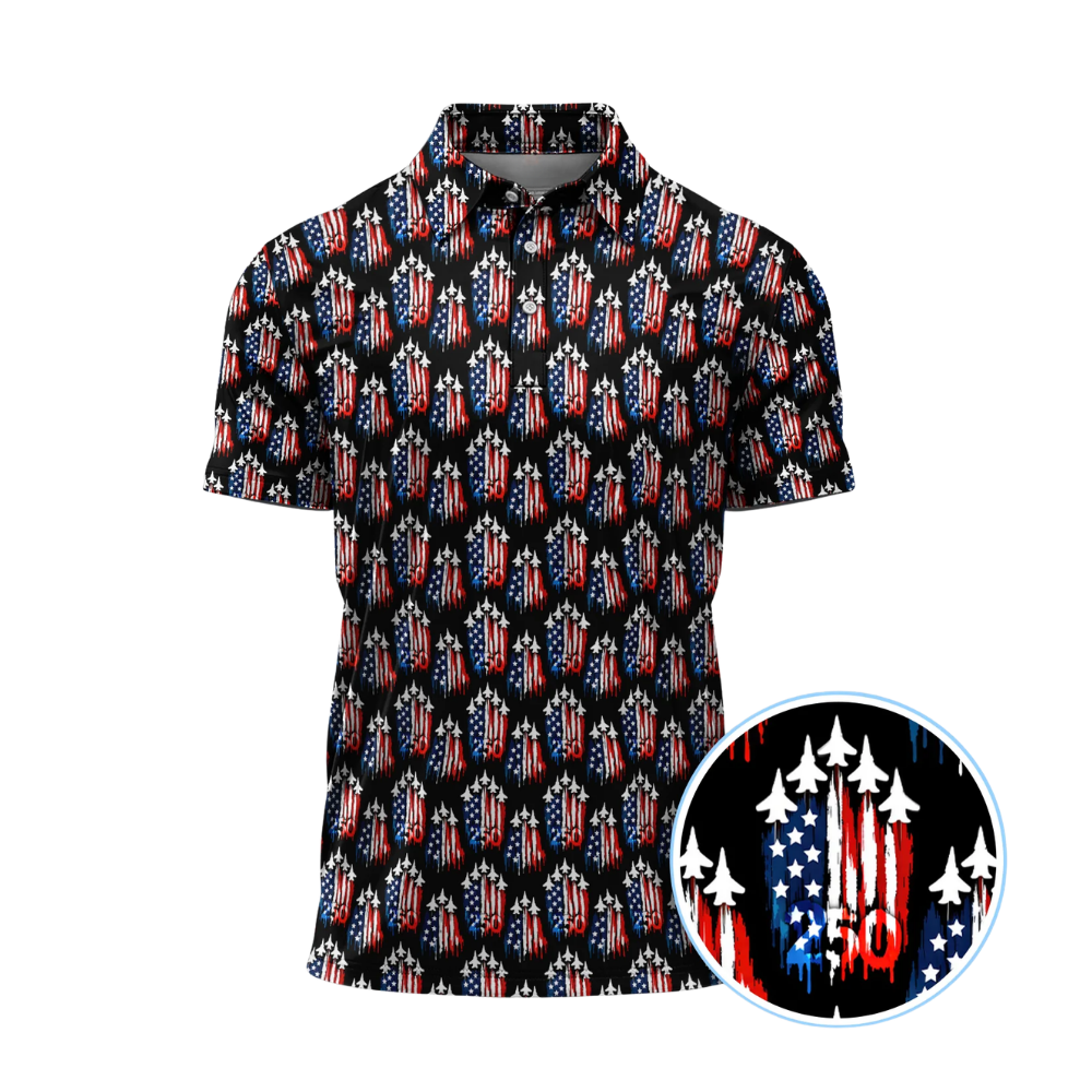 Men's Jet 250 American Flag Golf Polo Shirt, Airplane Golf Shirts Fourth Of July GZ0304