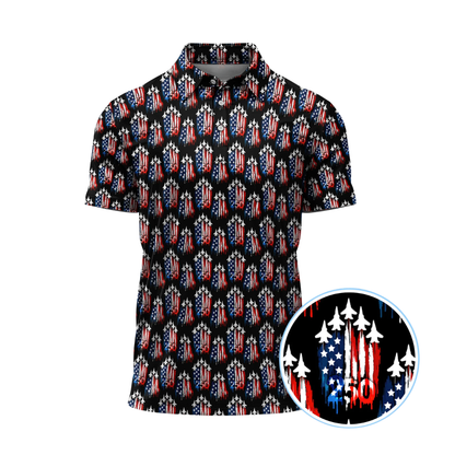 Men's Jet 250 American Flag Golf Polo Shirt, Airplane Golf Shirts Fourth Of July GZ0304