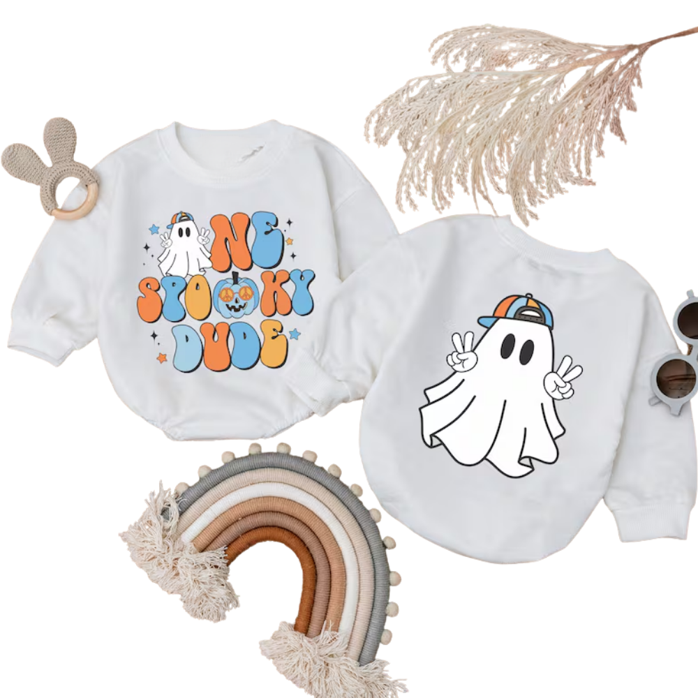 One Spooky Dude Halloween Ghost Birthday Baby Romper Sweatshirt, Halloween 1st Birthday Romper Sweatshirt BB0277