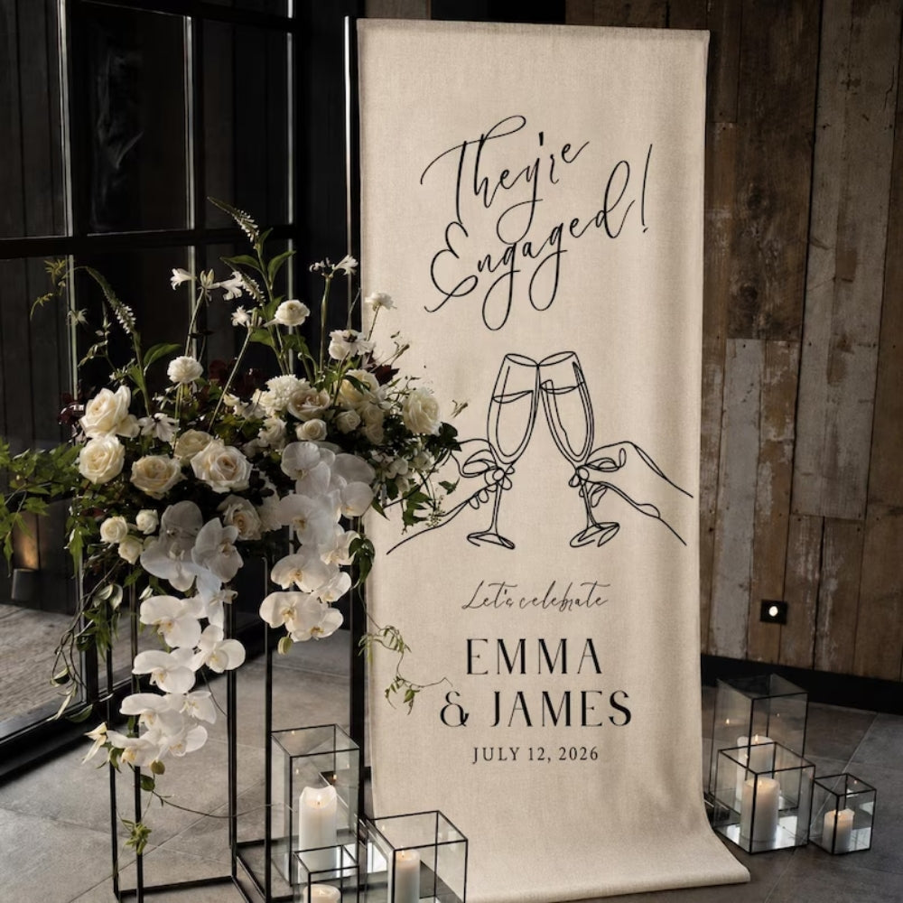 They're Engaged Custom Linen Welcome Banner, Custom Engagement Party Welcome Sign WD0961