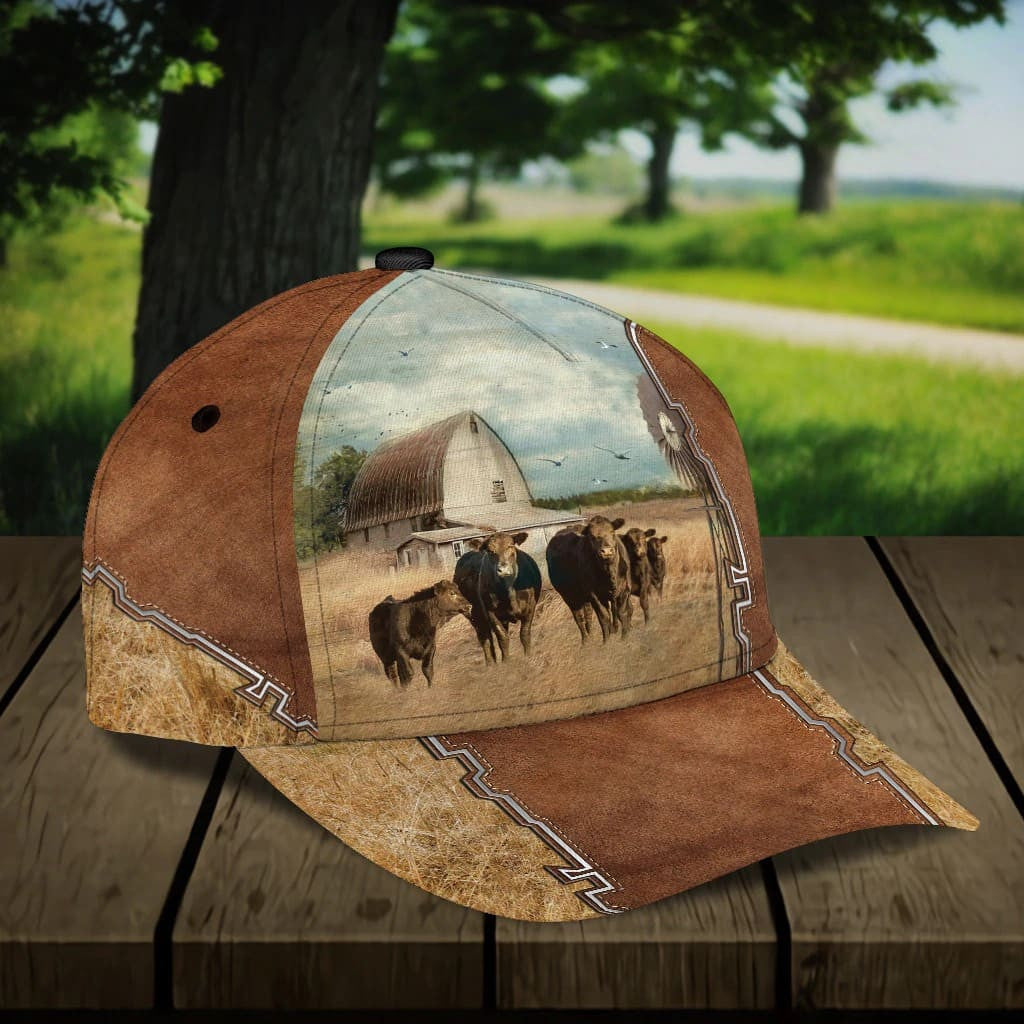 Hereford Cattle Farm Cap - Black Adjustable Hat With Embroidered Design, 3-5 3/8 Size