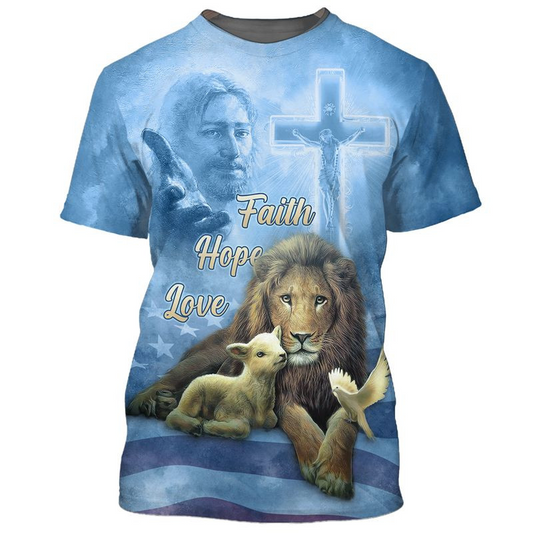 Faith Hope Love Blue T Shirt Men Women Lion Under God Tee Shirts TO1673