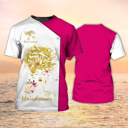 Women Hairdresser Shirt Custom Hair Salon Uniform Shirt Hairstylist Tshirt Pink & White TO2119