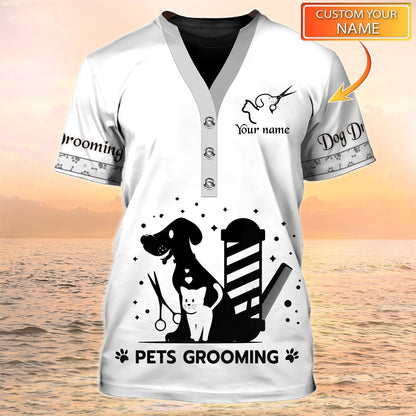 Pet Groomer Shirt Pets Grooming Uniform White Pet Salon Personalized Name 3D Tshirt TO2091