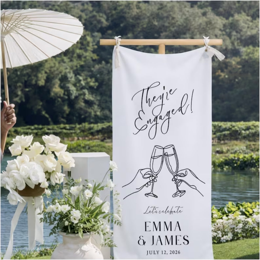 They're Engaged Custom Linen Welcome Banner, Custom Engagement Party Welcome Sign WD0961