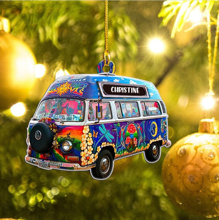Custom Name Hippie Car Ornament, Acrylic Flat Ornament for Hippie Girl Christmas Gift OO3724