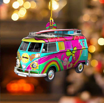 Custom Name Hippie Car Ornament, Acrylic Flat Ornament for Hippie Girl Christmas Gift OO3724