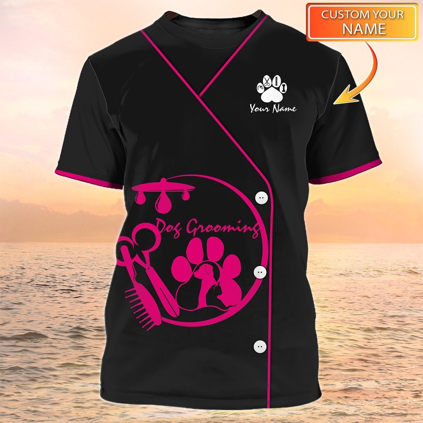 Dog Groomer Custom T Shirt Pet Groomer Uniform Pink Salon Pet Personalized Name 3D Tshirt TO2086