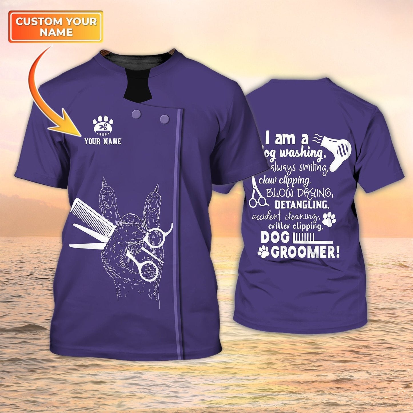 Dog Groomer Custom Shirts I Am A Dog Washing Uniform Salon Pet Personalized Name 3D Tshirt Purple TO2099