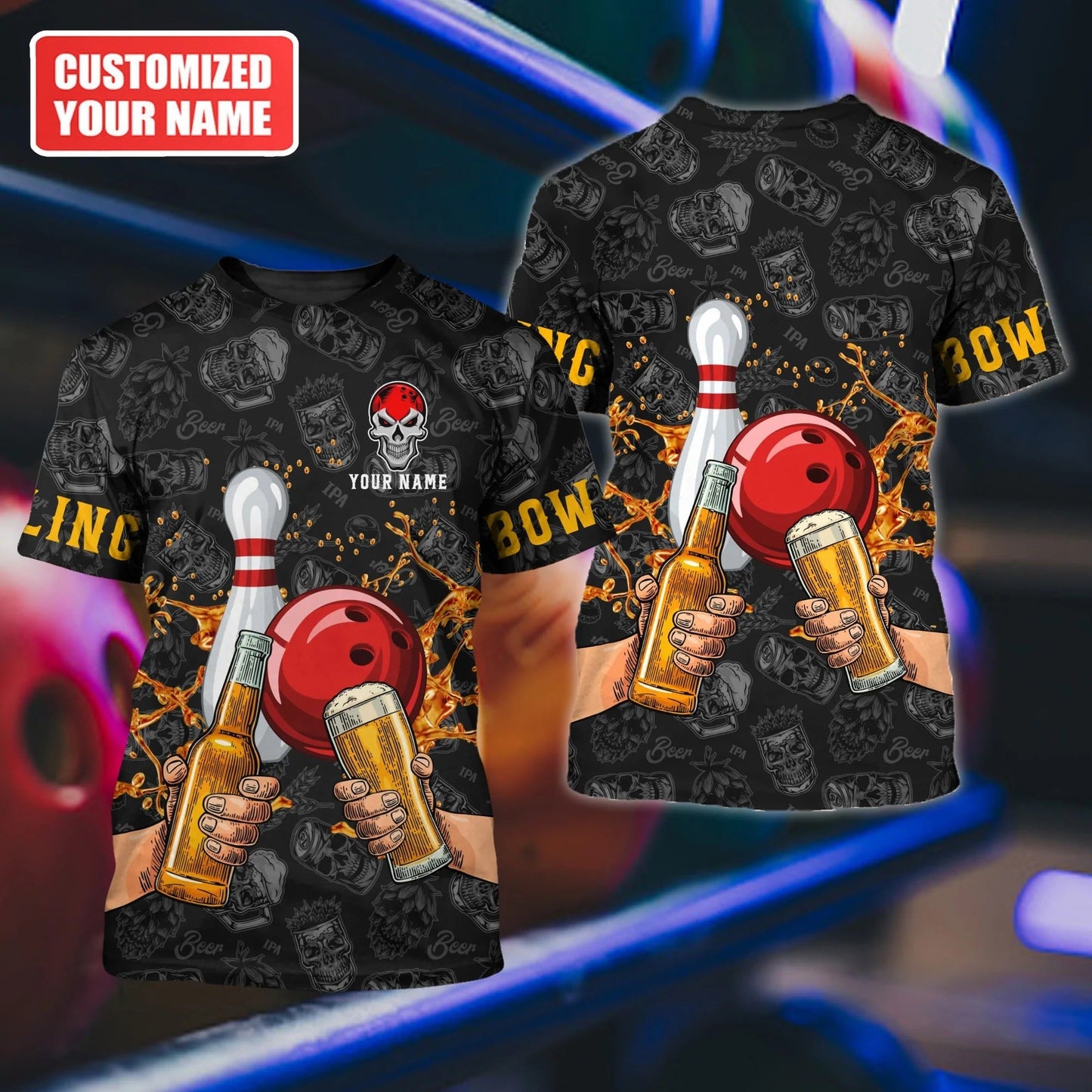 Custom Mens Bowling Shirt, 3D All Over Print Beer and Bowling Tee Shirt Skull Pattern, Bowler Shirts TO1929