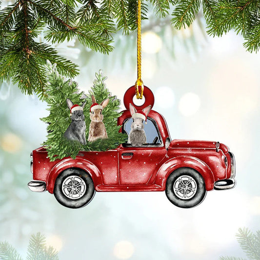 Rabbit with Red Truck Christmas Ornament Custom Shaped Acrylic Ornament for Rabbit Lovers OO3587