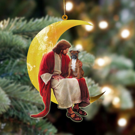 Staffordshire Bull Terrier And Jesus Sitting On The Moon Hanging Acrylic Ornament for Dog Lovers OO3402