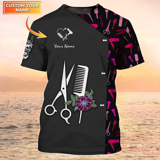 Hairdresser Shirts Barber Tools Design Shirts Hairstylist 3D Tshirt Custom Hair Salon Uniform Black Pink TO2110