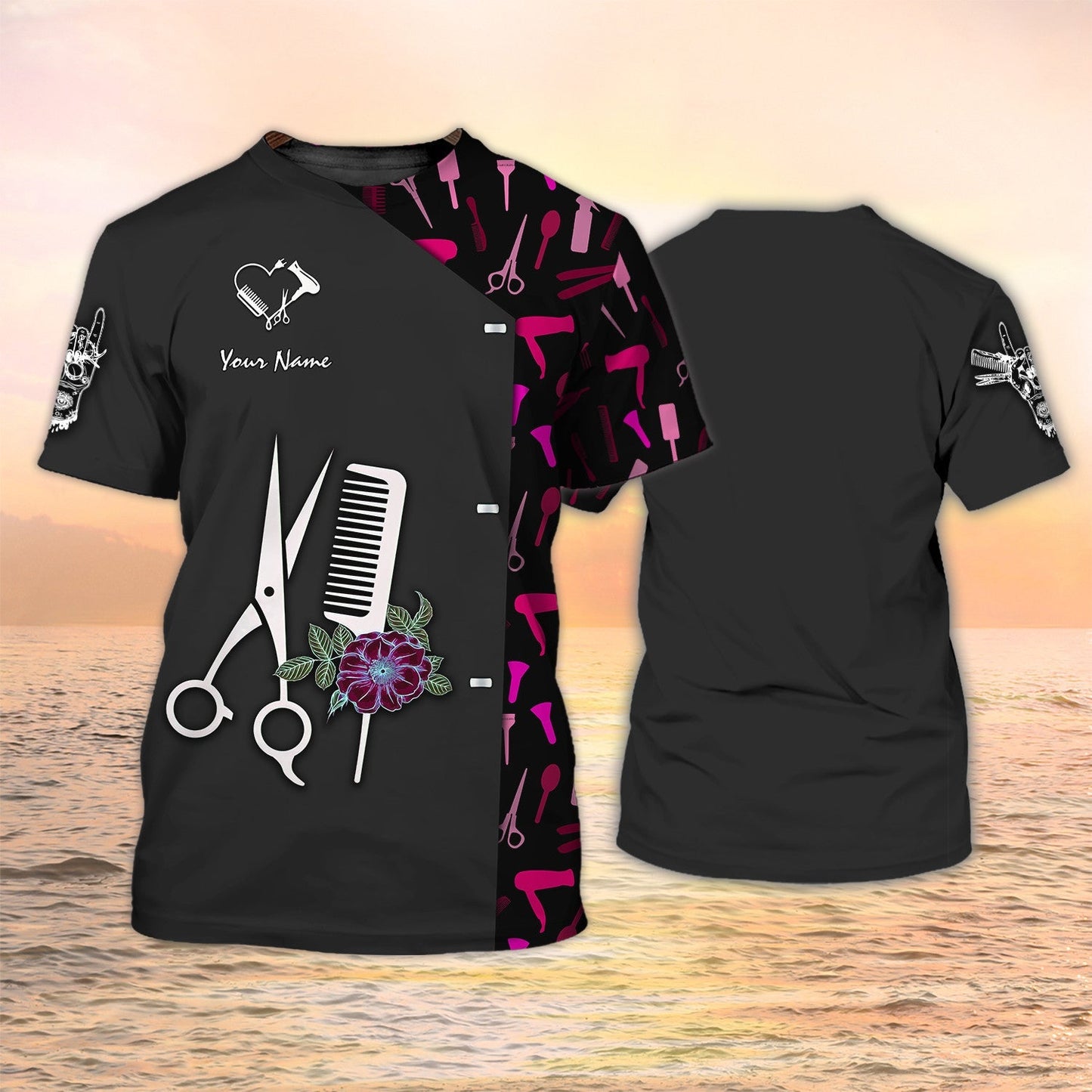 Hairdresser Shirts Barber Tools Design Shirts Hairstylist 3D Tshirt Custom Hair Salon Uniform Black Pink TO2110