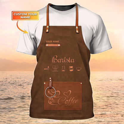 Personalized Barista Tshirt Apron 3D Print On Bartender Shirt Coffee Shop Uniform Brown TO2148