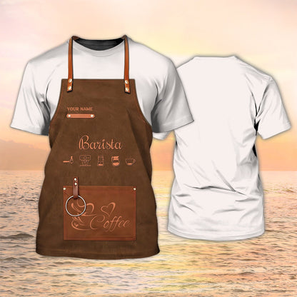 Personalized Barista Tshirt Apron 3D Print On Bartender Shirt Coffee Shop Uniform Brown TO2148