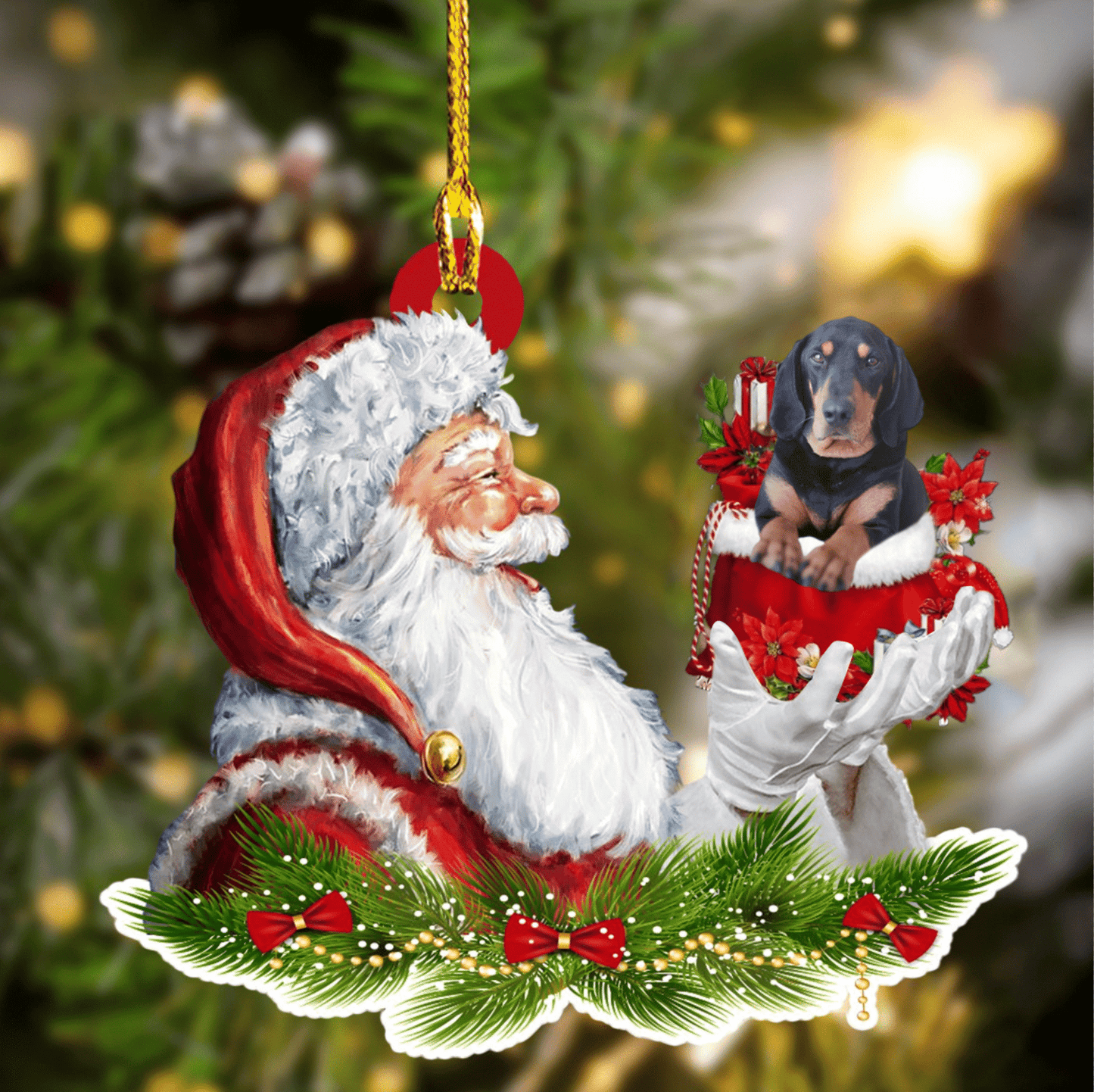 Black and tan Coonhound and Santa Christmas Ornament for Dog Lovers, Dog Mom Acrylic Dog Ornament OO3256