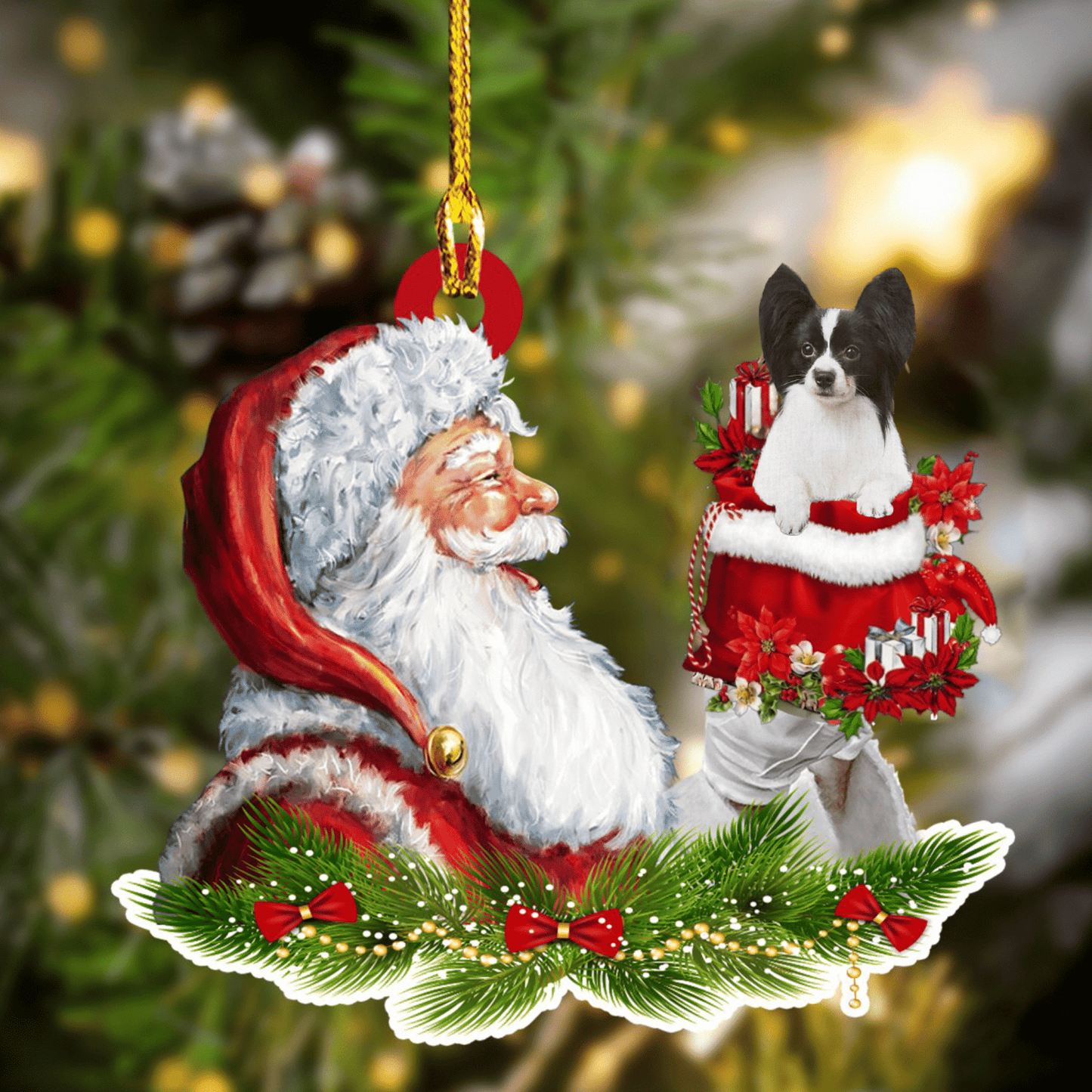 Papillon and Santa Christmas Ornament for Dog Lovers, Dog Mom Acrylic Dog Ornament OO3276