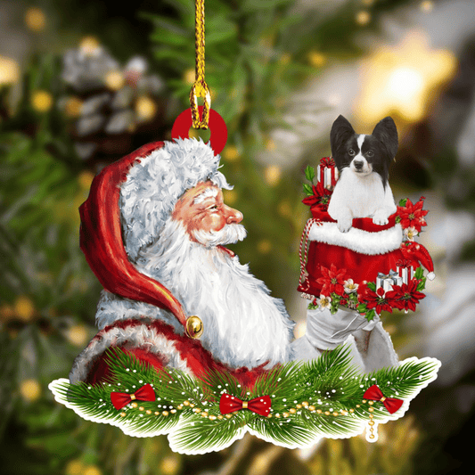 Papillon and Santa Christmas Ornament for Dog Lovers, Dog Mom Acrylic Dog Ornament OO3276