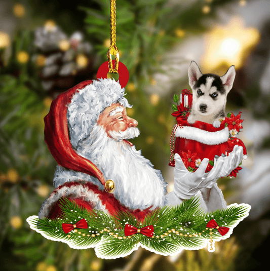 Husky and Santa Christmas Ornament for Dog Lovers, Dog Mom Acrylic Dog Ornament OO3270