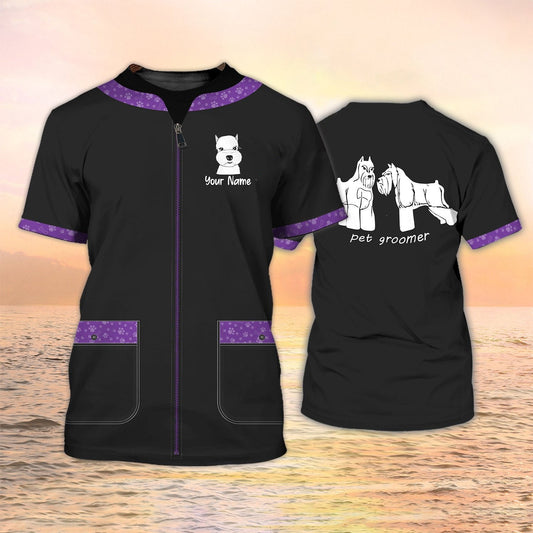 Pet Groomer T Shirt Grooming Custom Shirts Pet Salon Uniform Black & Purple TO2106