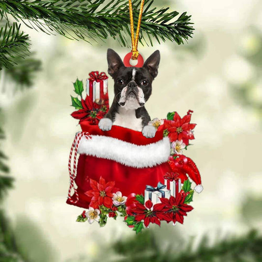 Boston Terrier In Gift Bag Christmas Ornament for Dog Lovers Made by Acrylic OO3005