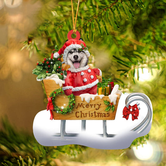 Husky Sitting On A Cute Sleigh Ornament Flat Acrylic Funny Dog Ornament OO2971
