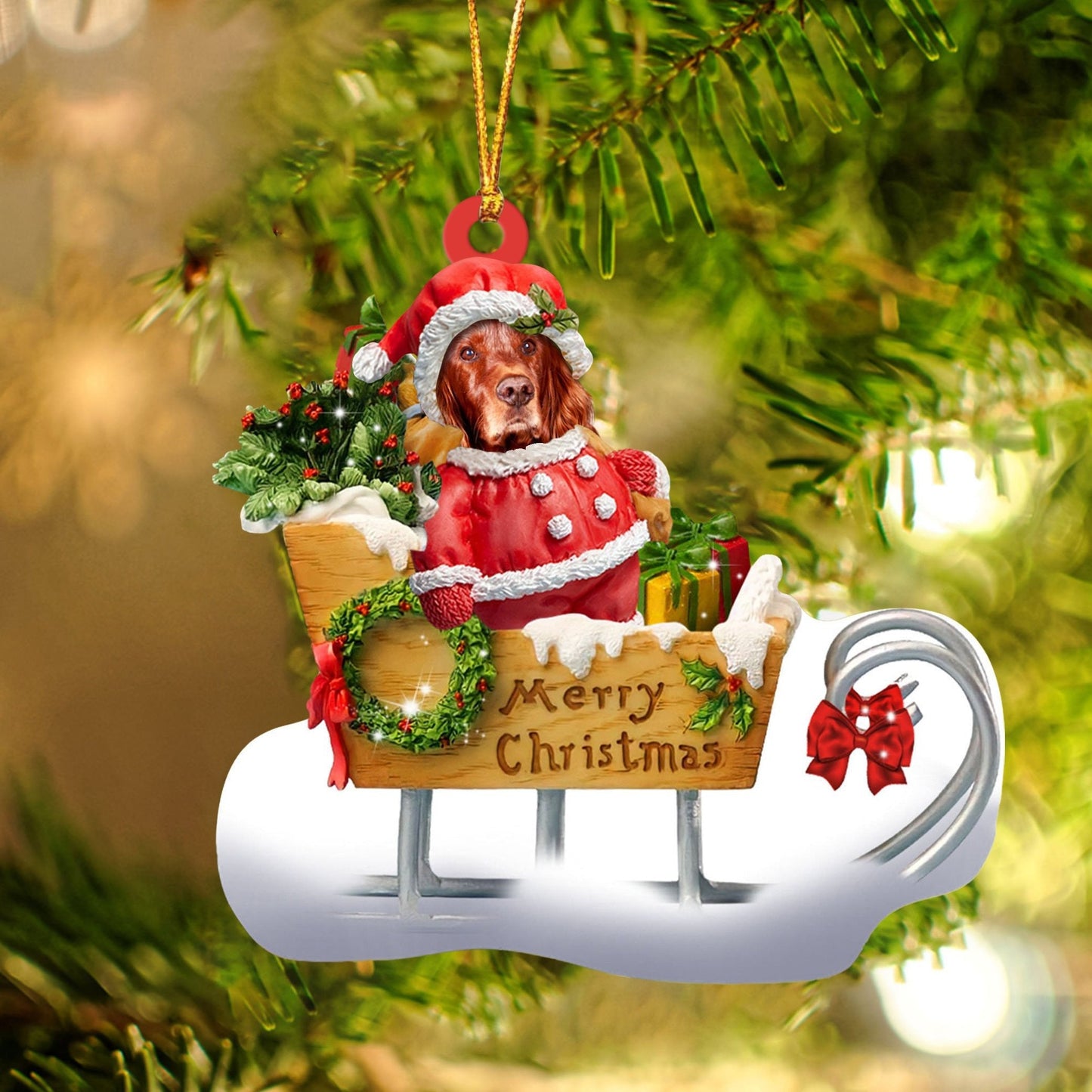 Irish Setter Sitting On A Cute Sleigh Ornament Flat Acrylic Funny Dog Ornament OO2989