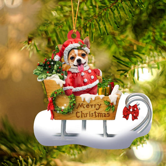 Chihuahua2 Sitting On A Cute Sleigh Ornament Flat Acrylic Funny Dog Ornament OO2978