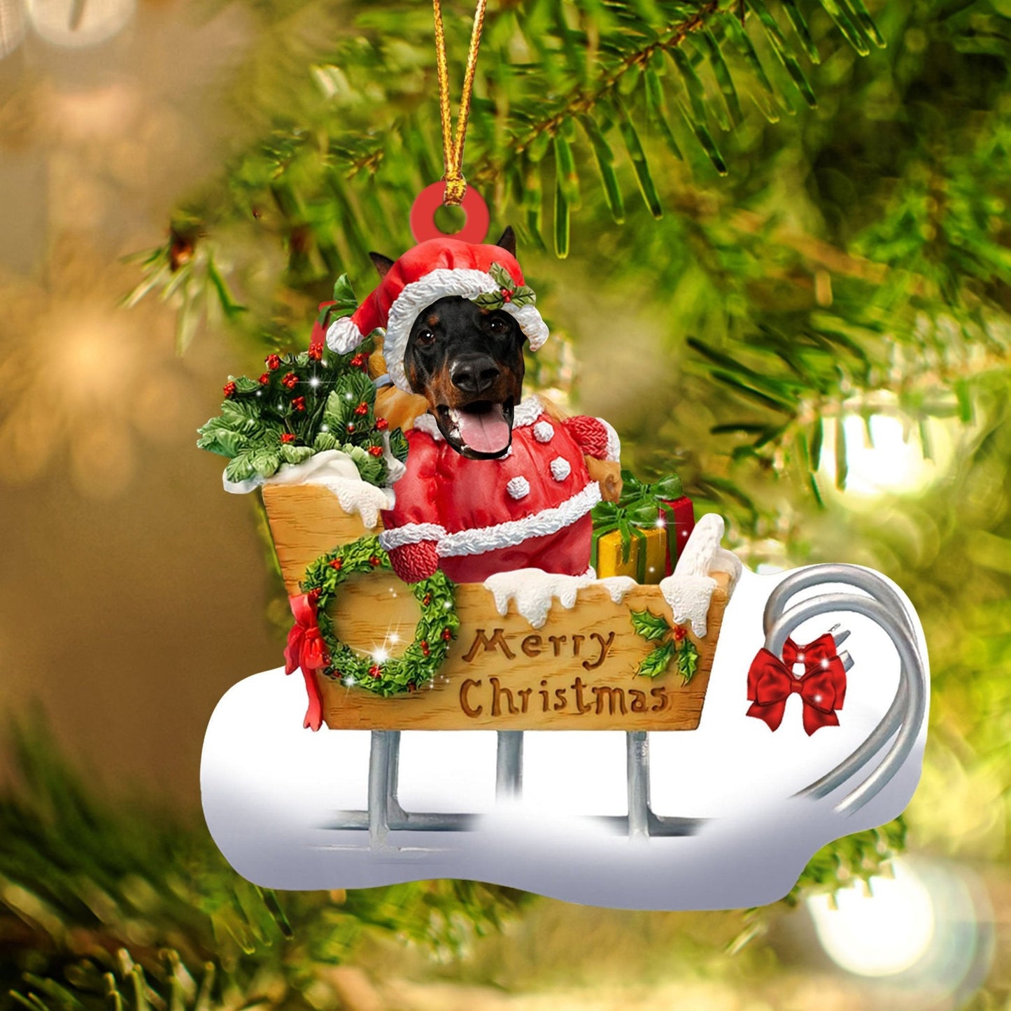 Doberman Sitting On A Cute Sleigh Ornament Flat Acrylic Funny Dog Ornament OO2976