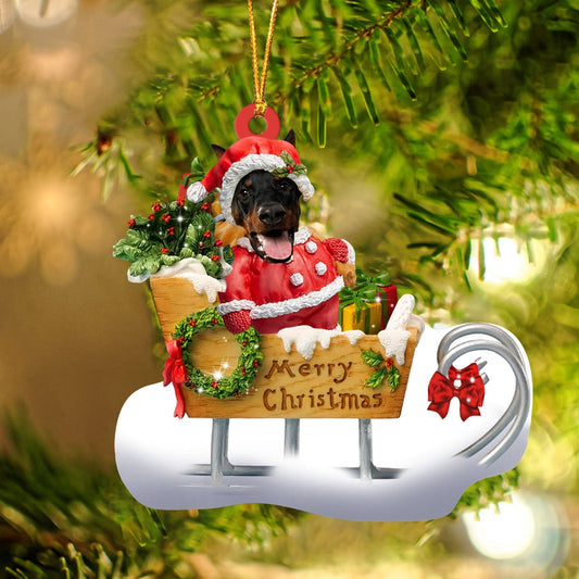Doberman Sitting On A Cute Sleigh Ornament Flat Acrylic Funny Dog Ornament OO2976