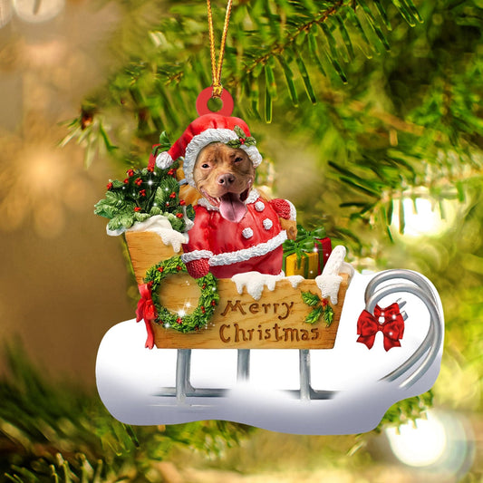 Pitbull Sitting On A Cute Sleigh Ornament Flat Acrylic Funny Dog Ornament OO2977