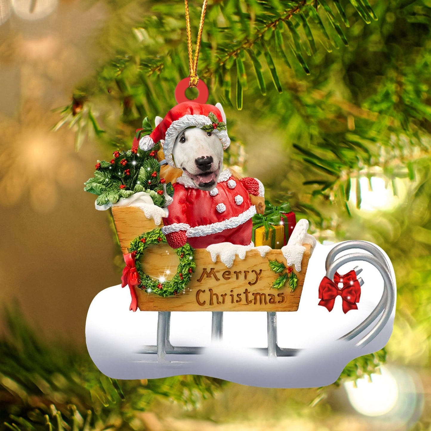 Bull Terrier Sitting On A Cute Sleigh Ornament Flat Acrylic Funny Dog Ornament OO2986