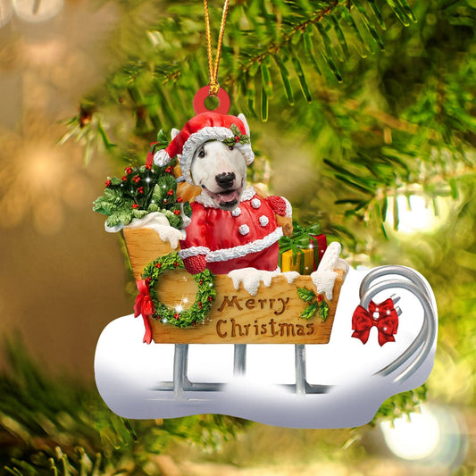 Bull Terrier Sitting On A Cute Sleigh Ornament Flat Acrylic Funny Dog Ornament OO2986