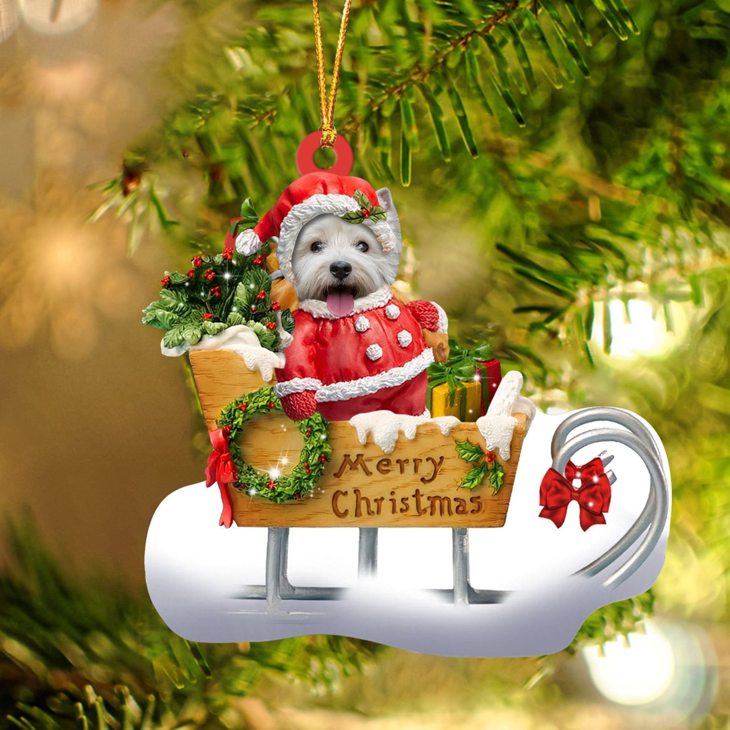 West Highland White Terrier Sitting On A Cute Sleigh Ornament Flat Acrylic Funny Dog Ornament OO2979