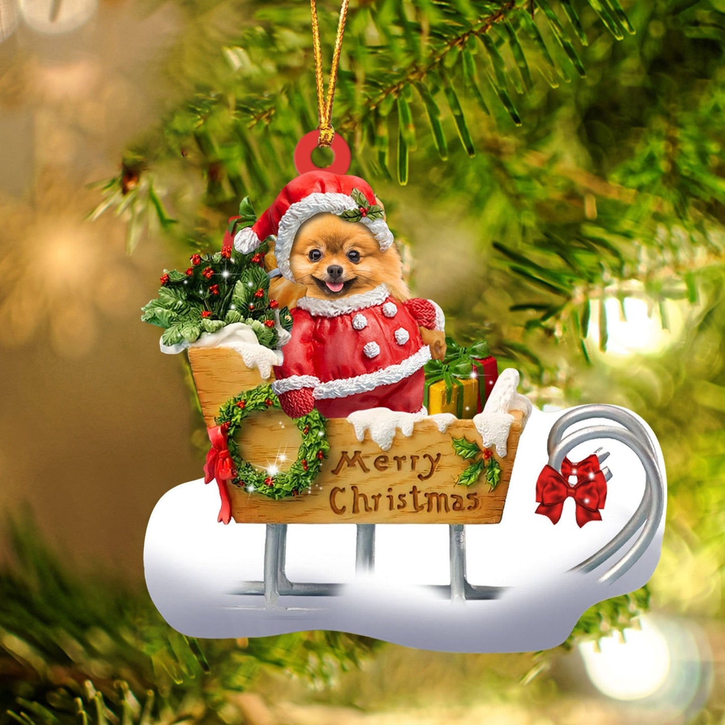 Pomeranian Sitting On A Cute Sleigh Ornament Flat Acrylic Funny Dog Ornament OO2984