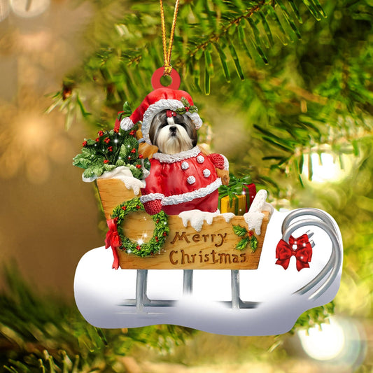 Shih Tzu Sitting On A Cute Sleigh Ornament Flat Acrylic Funny Dog Ornament OO2981